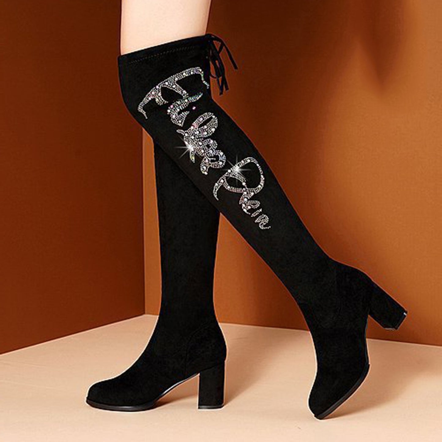Rhinestone High Heel Boots