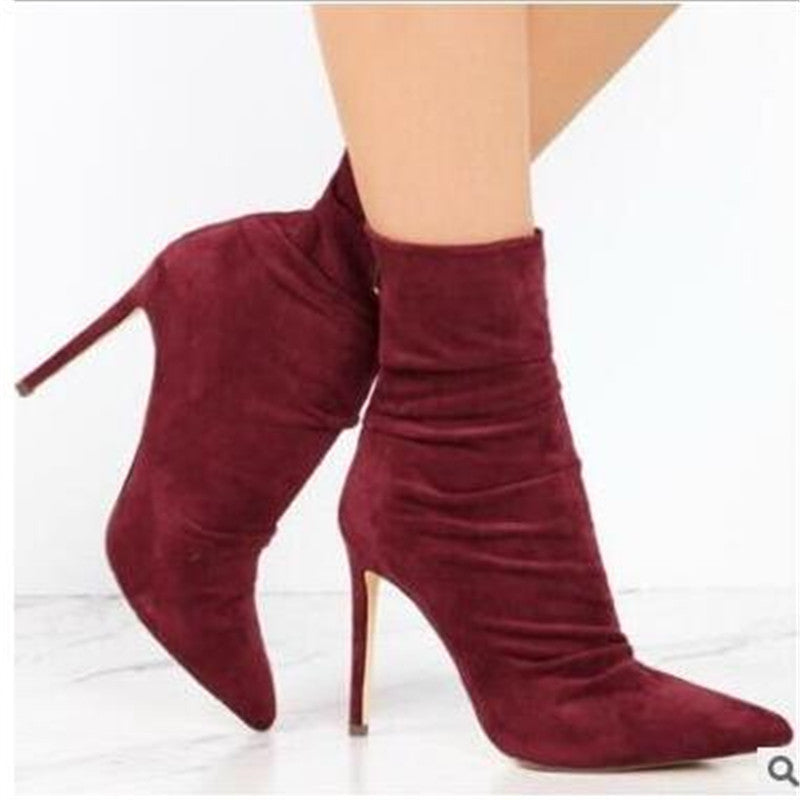 Wrinkled suede light high heel boots
