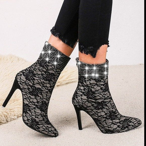 Lace mesh fine-heeled boots