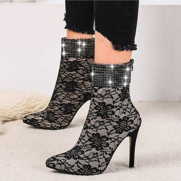 Lace mesh fine-heeled boots