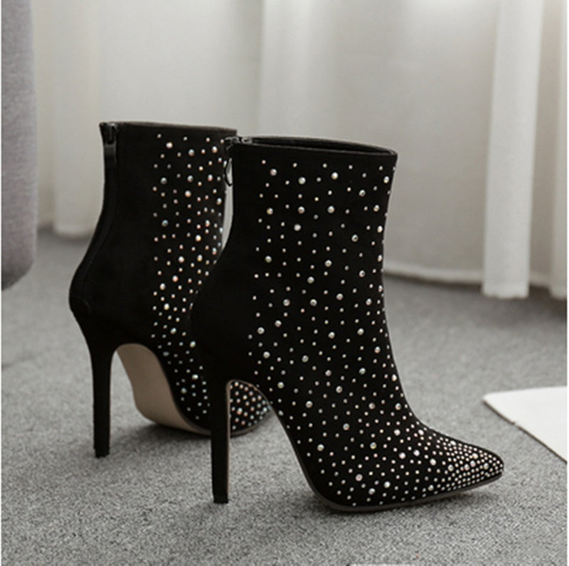 Suede Rhinestone High-heeled Boots