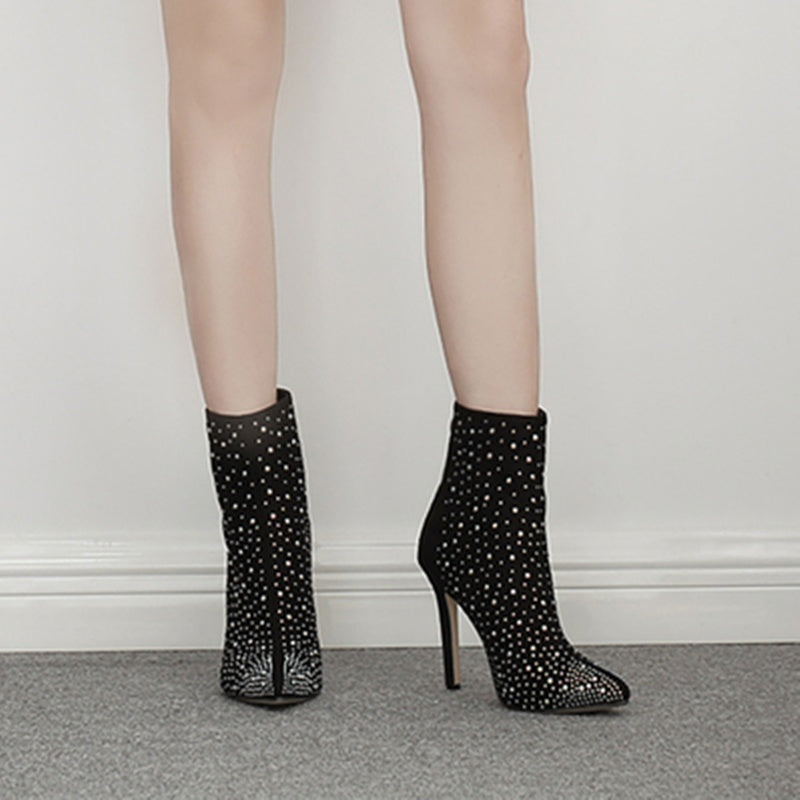 Suede Rhinestone High-heeled Boots
