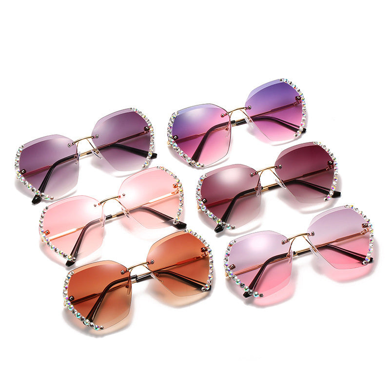 Rimless Sunglasses With Diamond-Studded Polygonal