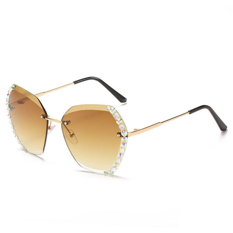Rimless Sunglasses With Diamond-Studded Polygonal
