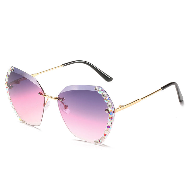 Rimless Sunglasses With Diamond-Studded Polygonal