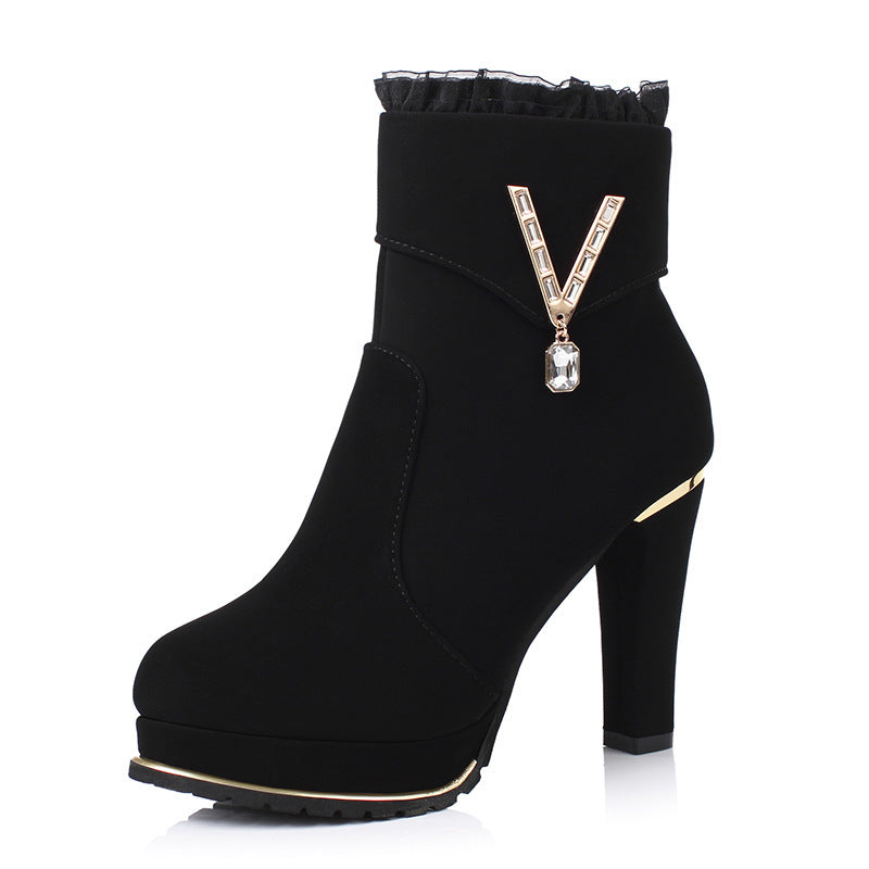 Thick Heel Solid Color Side Zipper