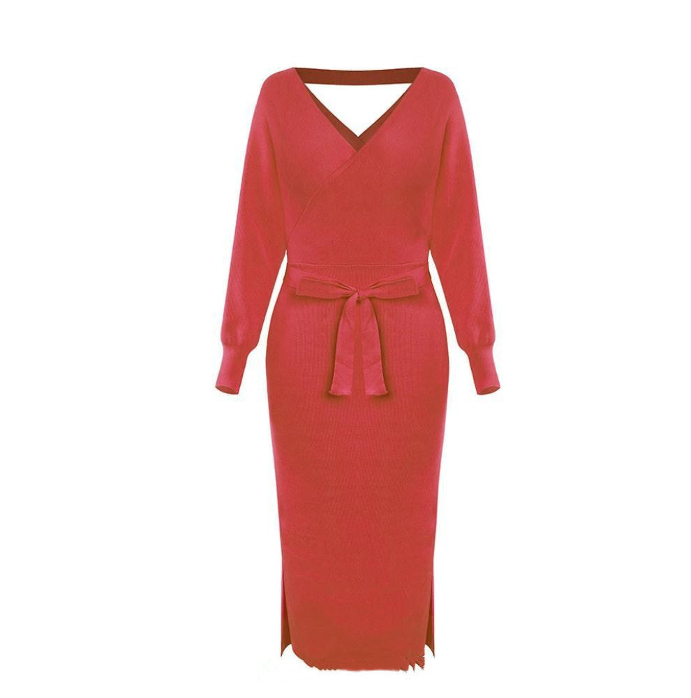 V-neck Knitted Mid-length Dress