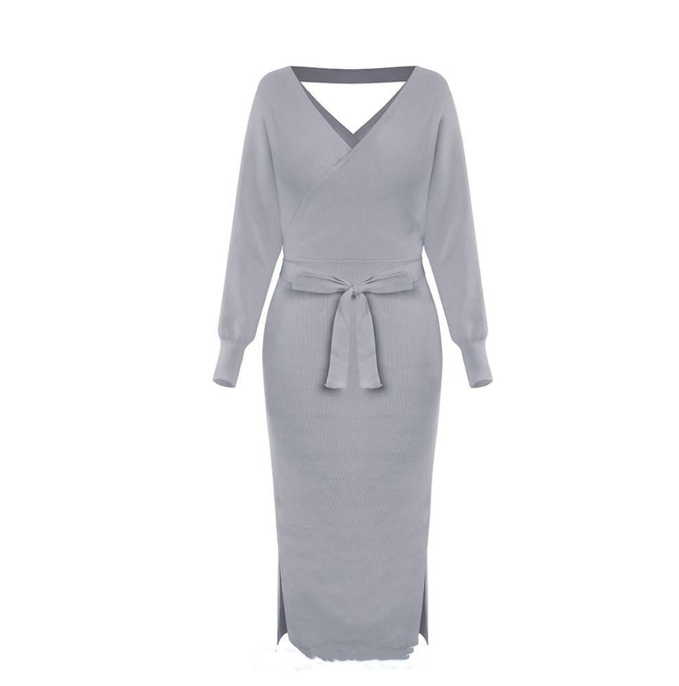 V-neck Knitted Mid-length Dress