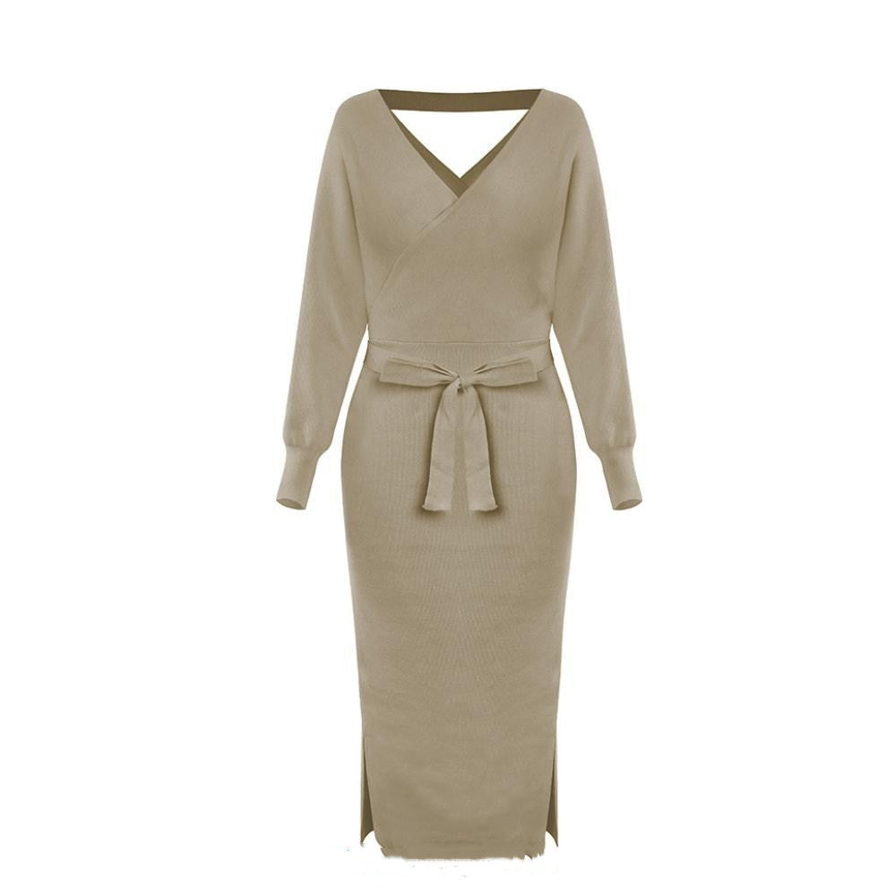 V-neck Knitted Mid-length Dress