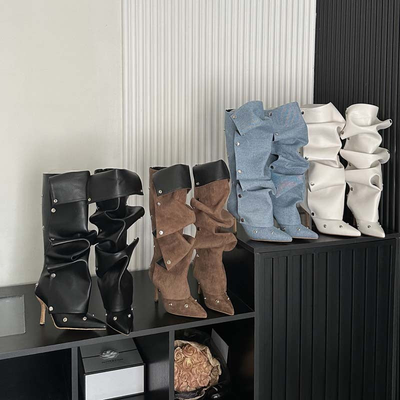 Two-way Stiletto Heel Denim Pleated