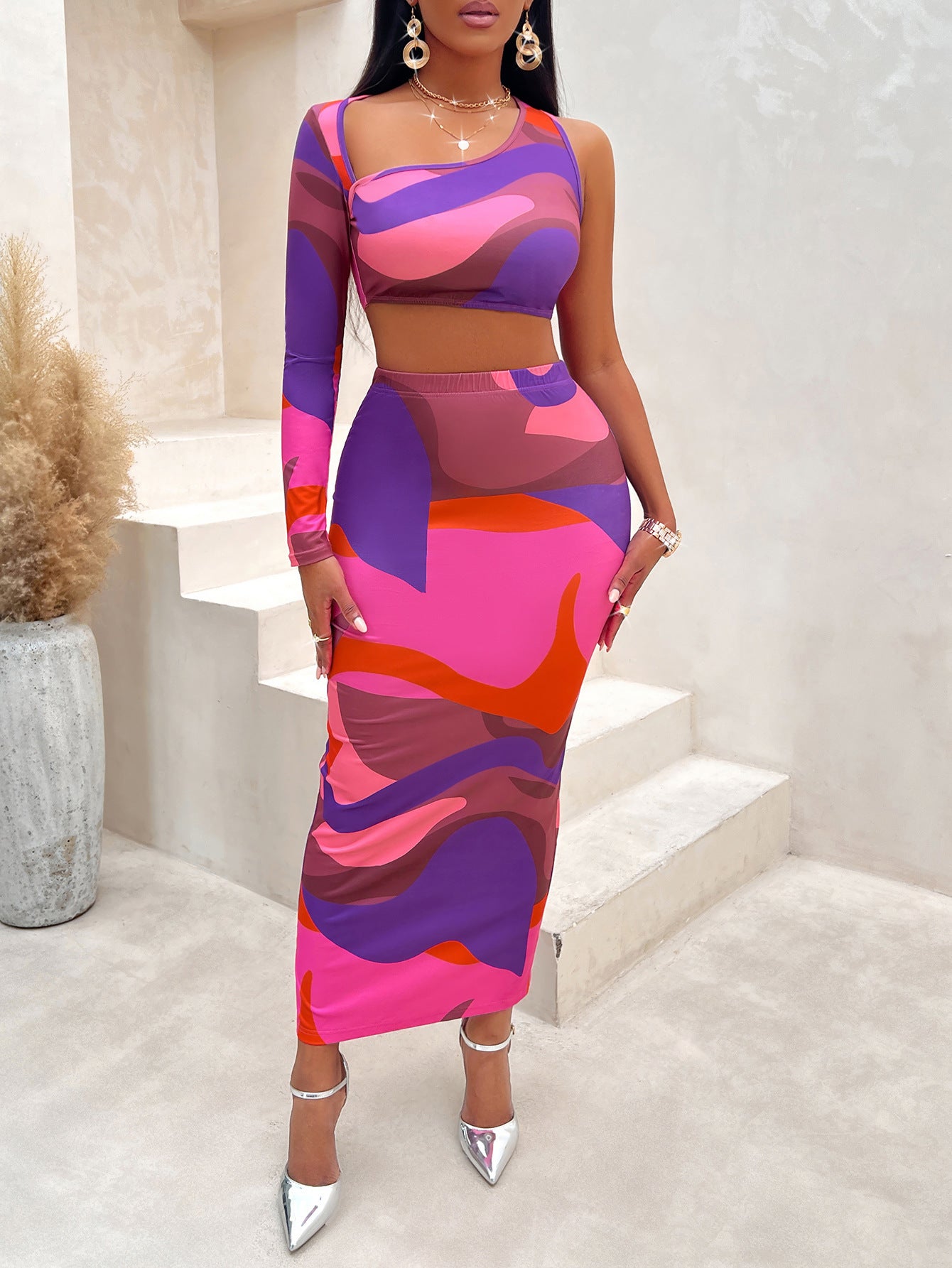 One-shoulder Skirt Set