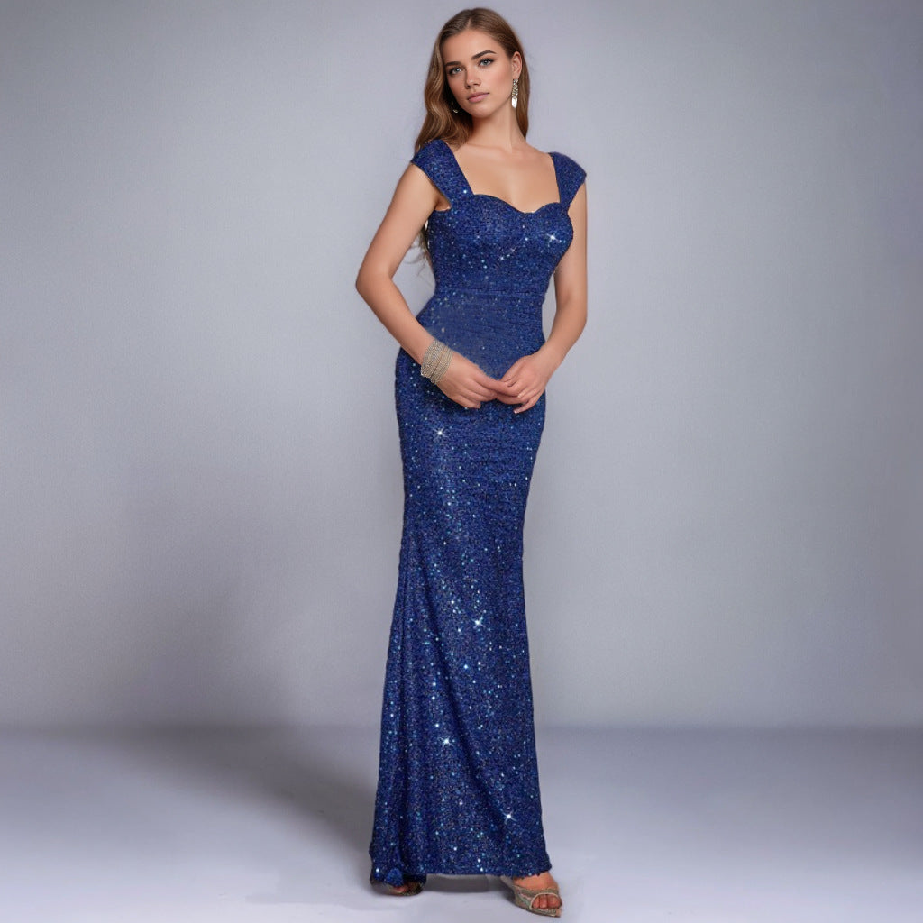 V-neck Sequin Sling High Waist Evening Dress