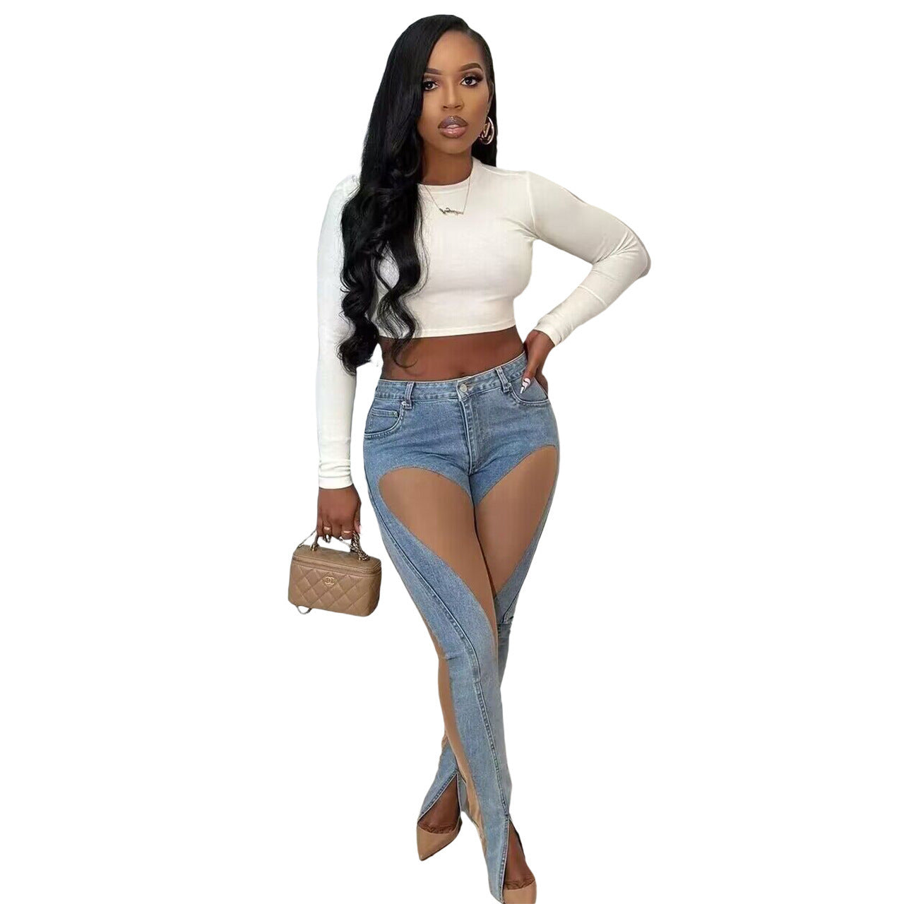 See-through Split Stretch Jeans