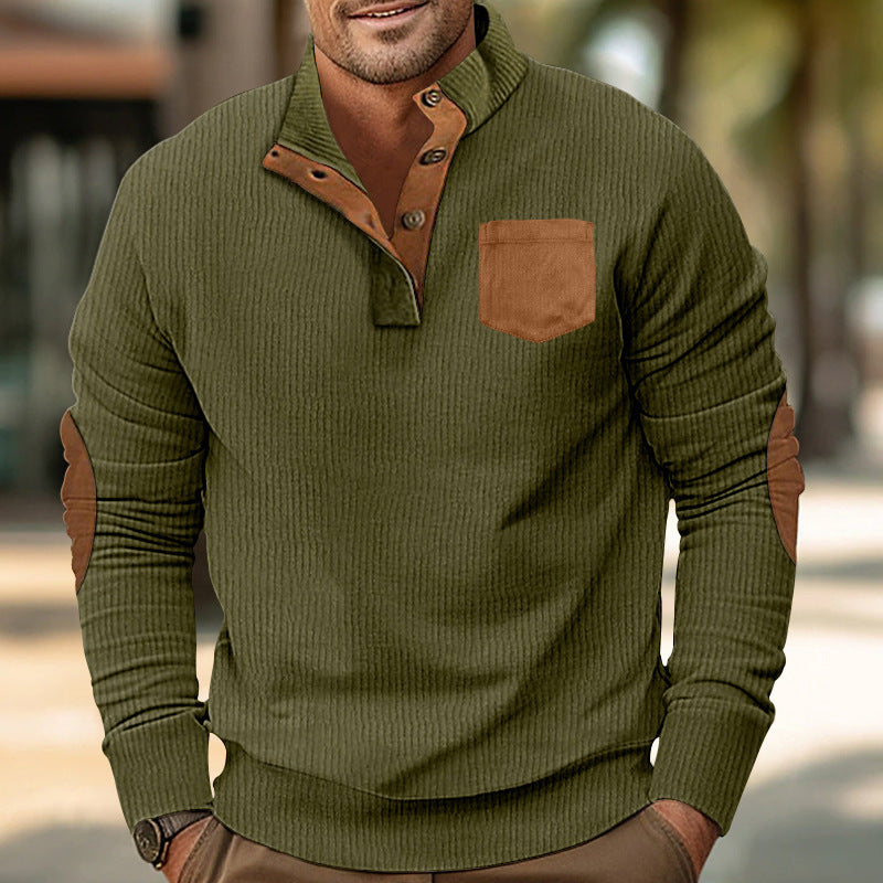 Patch Pocket Stand Collar Long Sleeve Corduroy Multicolor