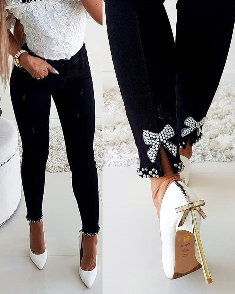 Slim Jeans Butterfly Flower Beaded