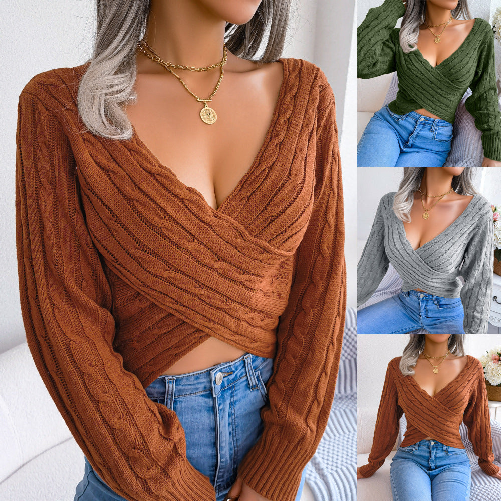 V-neck Long Sleeves Cropped Sweaters
