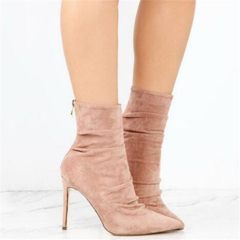 Wrinkled suede light high heel boots