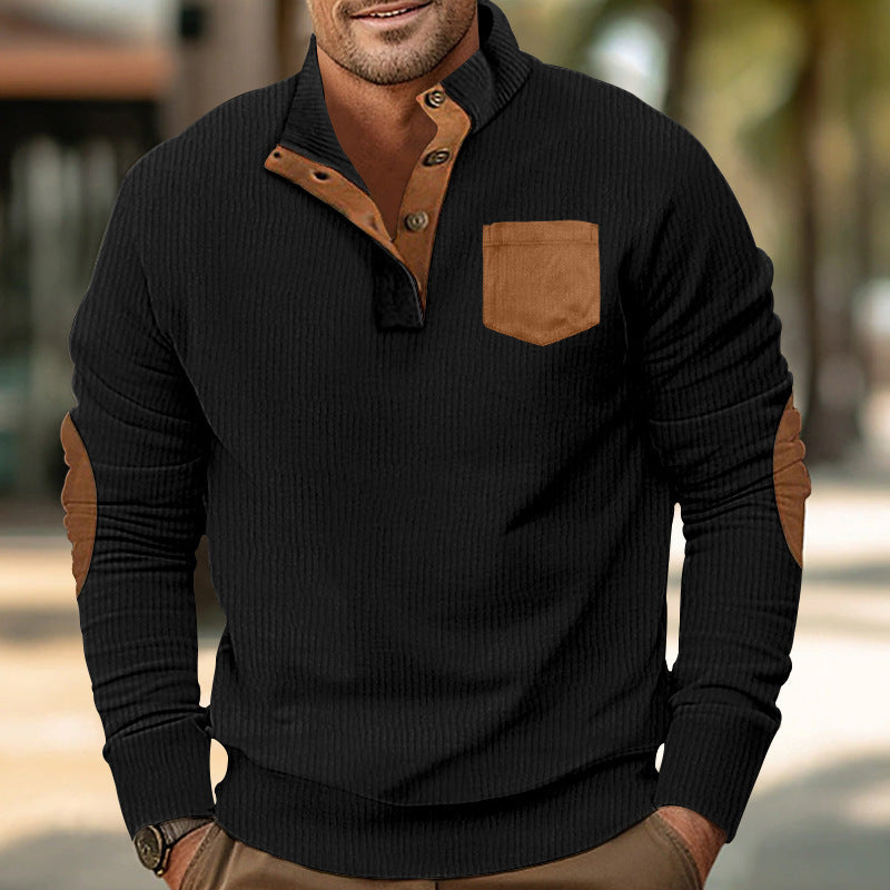Patch Pocket Stand Collar Long Sleeve Corduroy Multicolor
