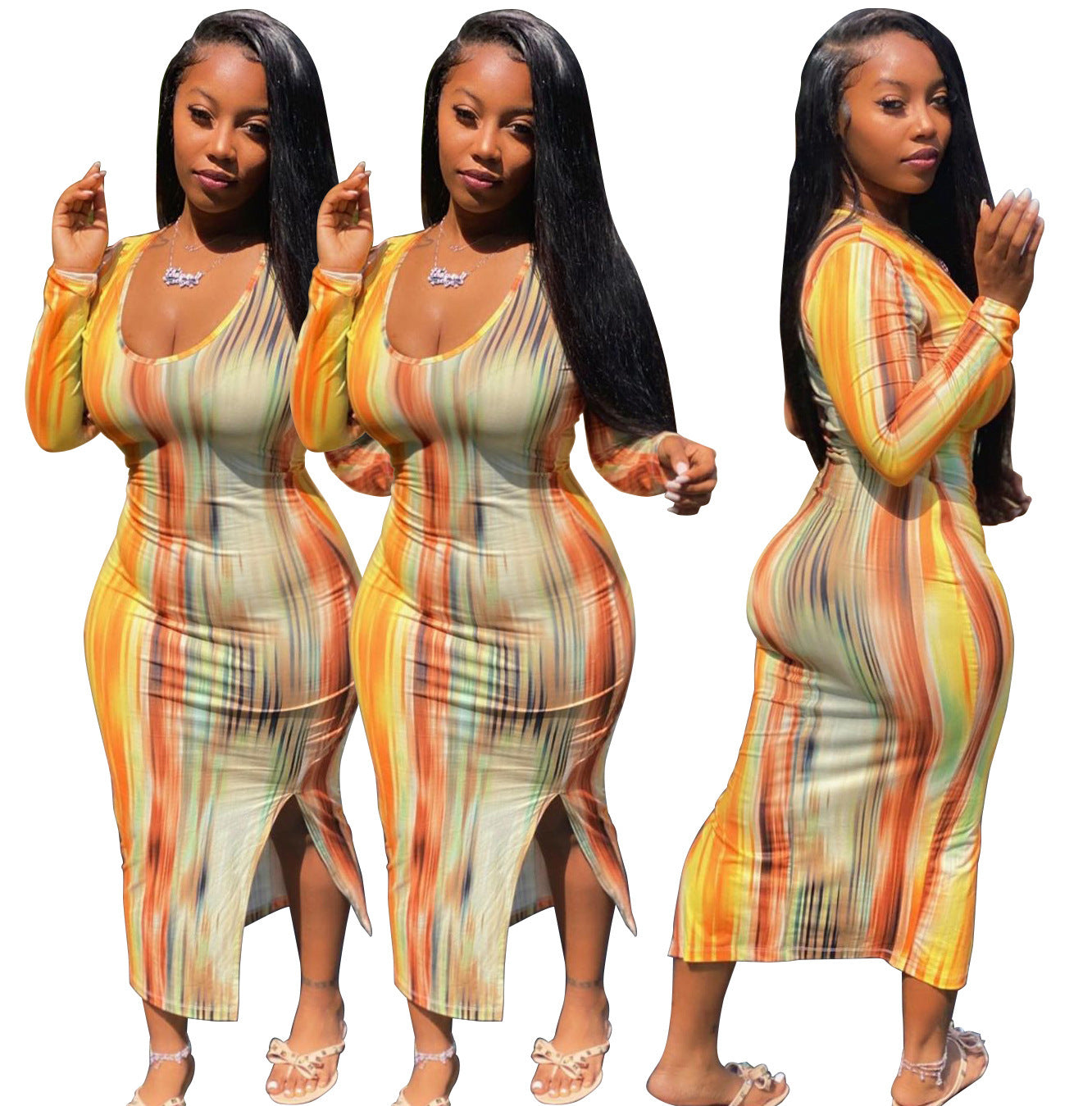 V-Neck Slit Long Sleeve Dress
