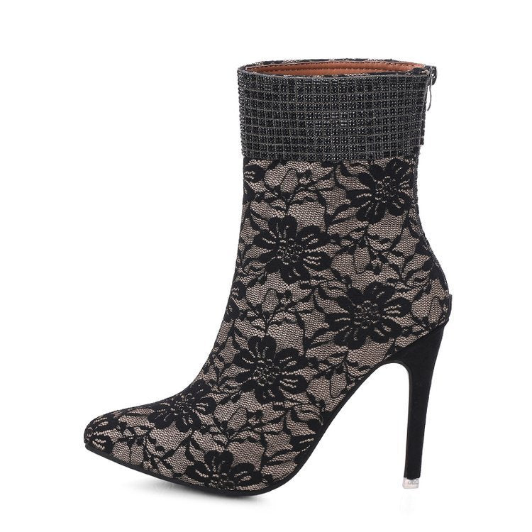 Lace mesh fine-heeled boots