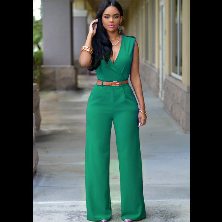 V-neck Wide-leg Pants With Belt