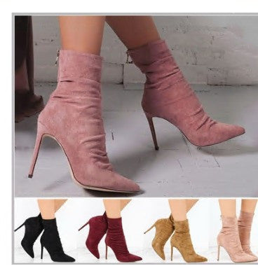 Wrinkled suede light high heel boots