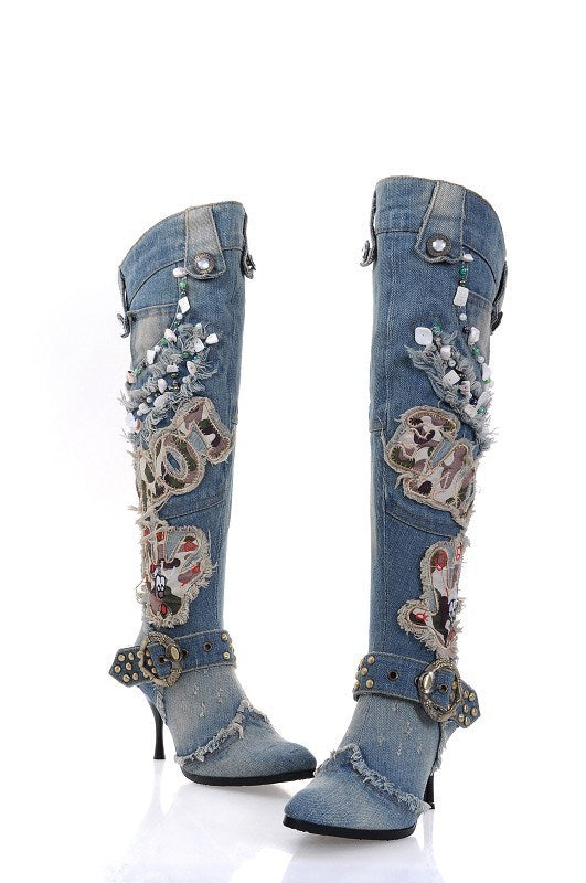 String Beads High-heeled Denim Stiletto Heel