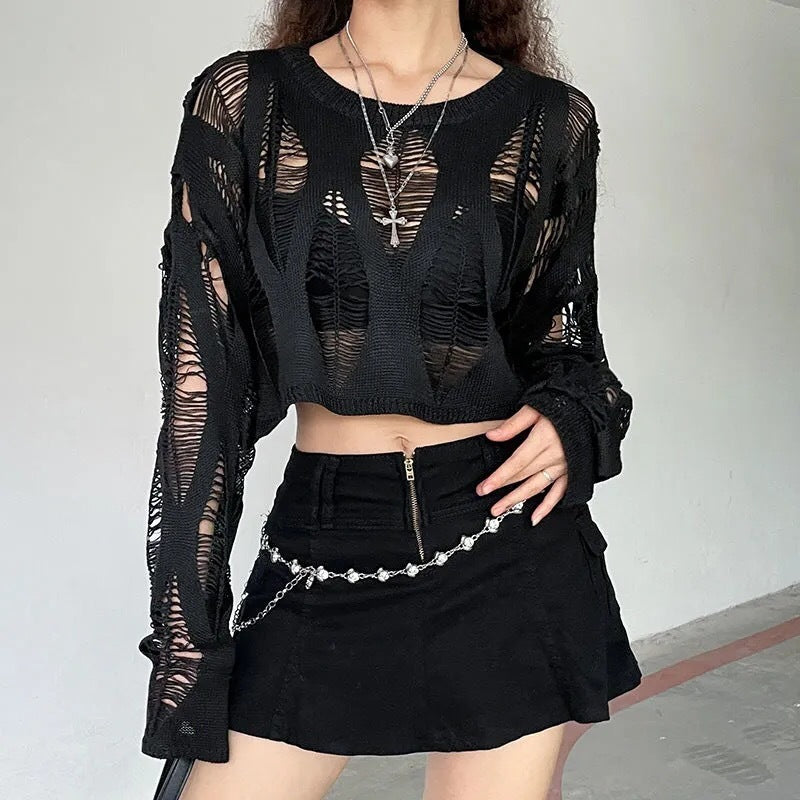 See-through Ripped Pullover Sweater