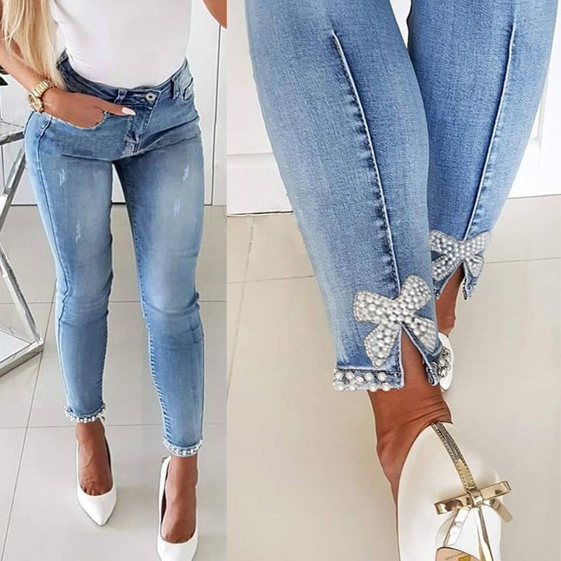 Slim Jeans Butterfly Flower Beaded