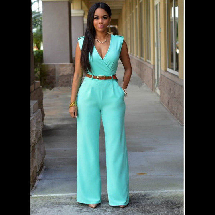 V-neck Wide-leg Pants With Belt