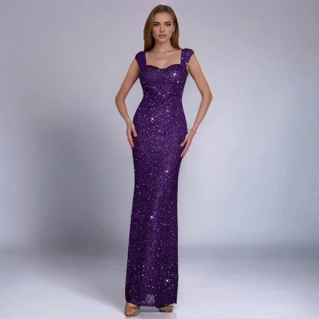 V-neck Sequin Sling High Waist Evening Dress