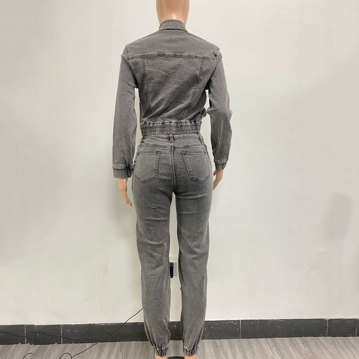 Stretch Multi-pocket Washed Denim Casual Suit Two-piece Set