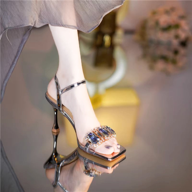 Rhinestone Strap Square Open Toe High Heels