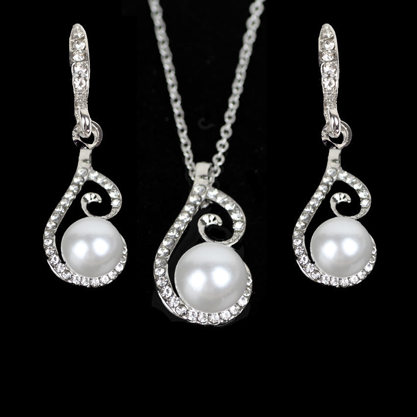 Diamond Pearl Drop Necklace Jewelry Set