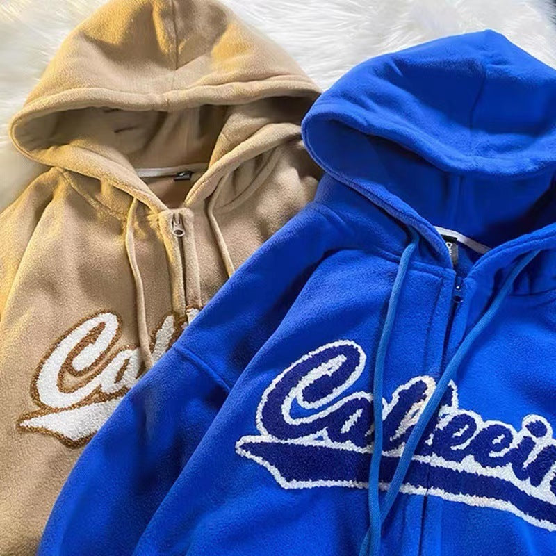 Polar Fleece Hooded Zipper Fleece-lined Cardigan Outerwear
