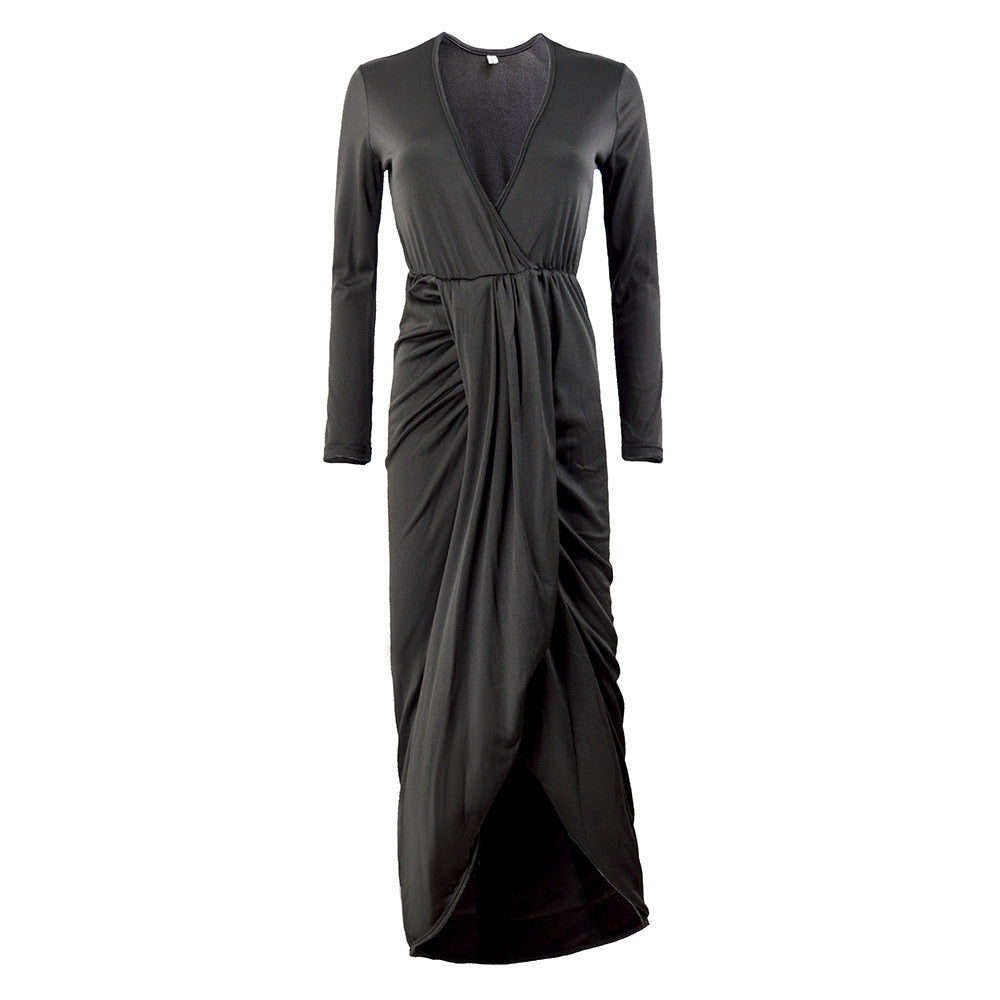 V-neck Long Sleeve Pleated Dress