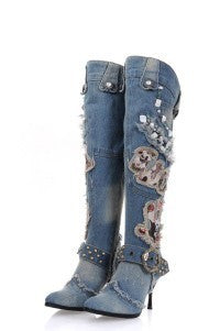 String Beads High-heeled Denim Stiletto Heel