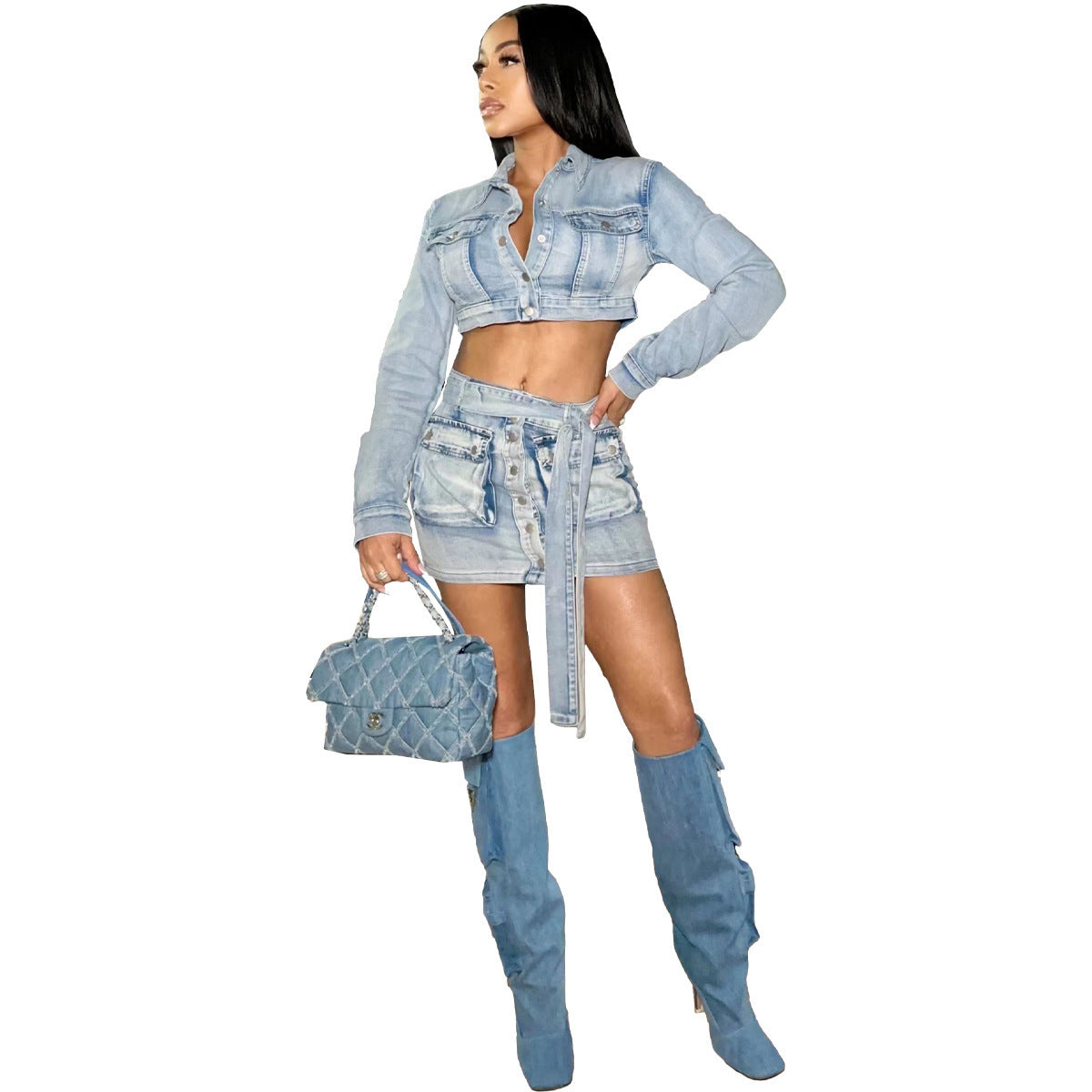 Multi-pocket Denim Coat Set