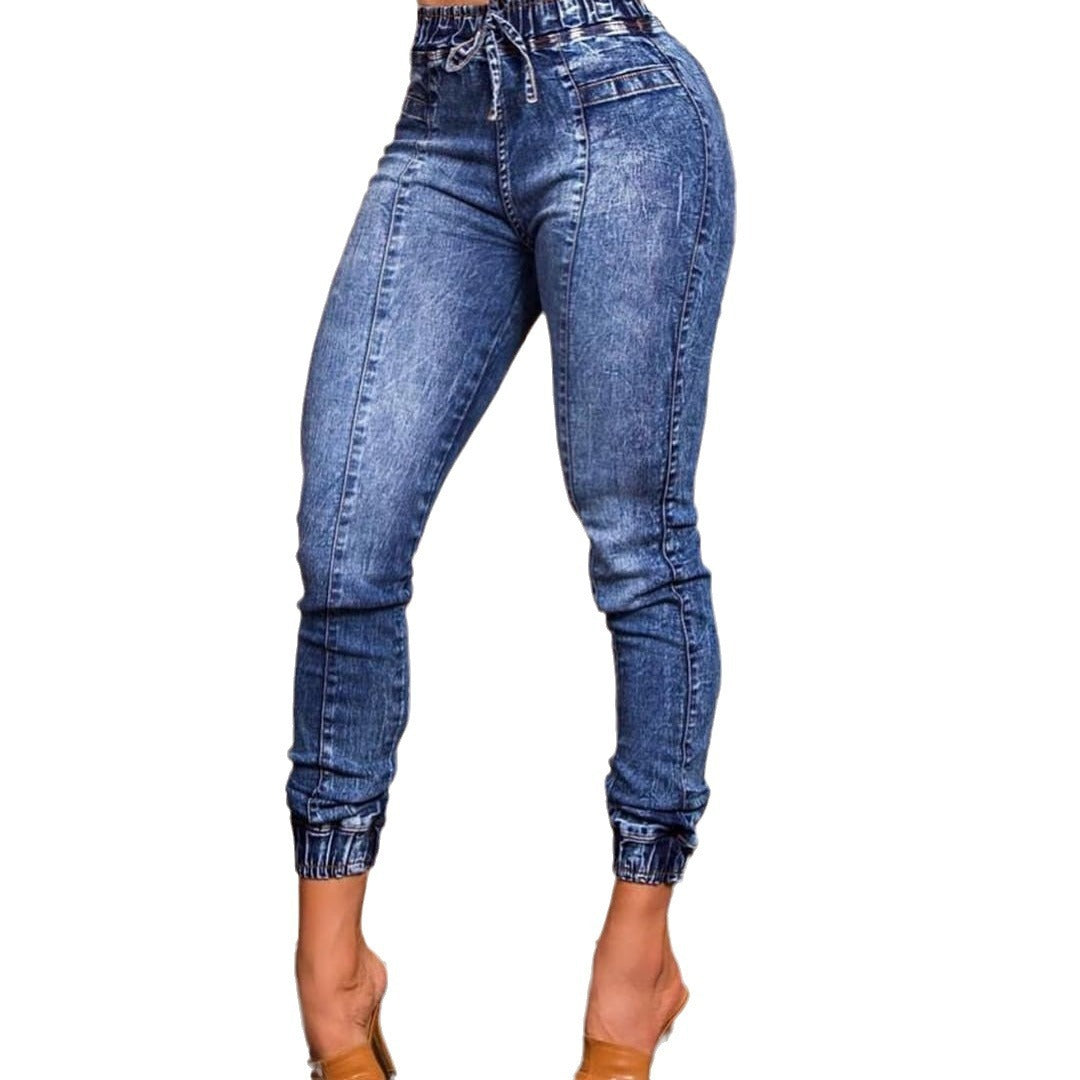 Elastic Waist Lace Up Slim Fit Jeans