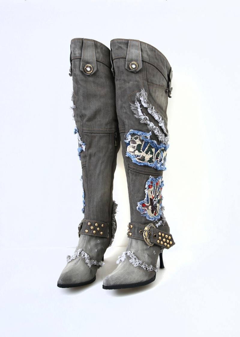 String Beads High-heeled Denim Stiletto Heel