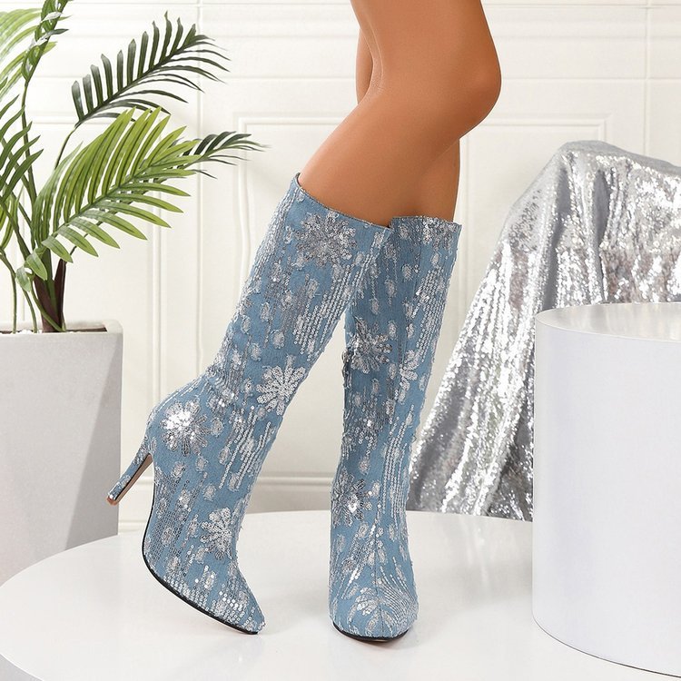 Fashionable Sequins Flower Denim Stiletto