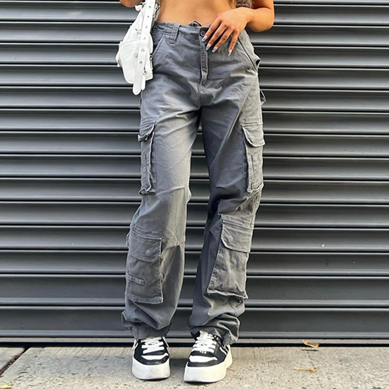 Multi-pocket Gray Straight Loose Jeans