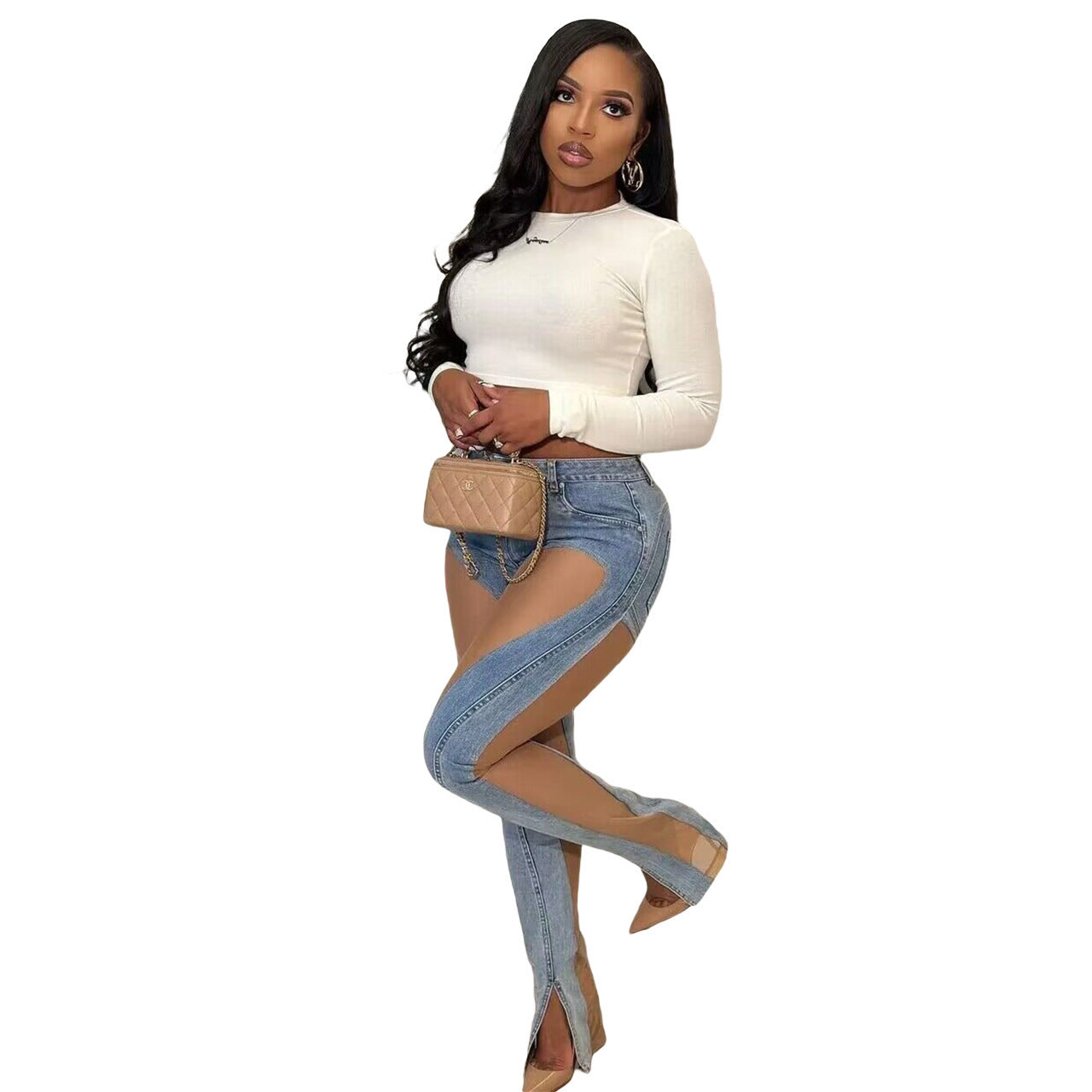 See-through Split Stretch Jeans