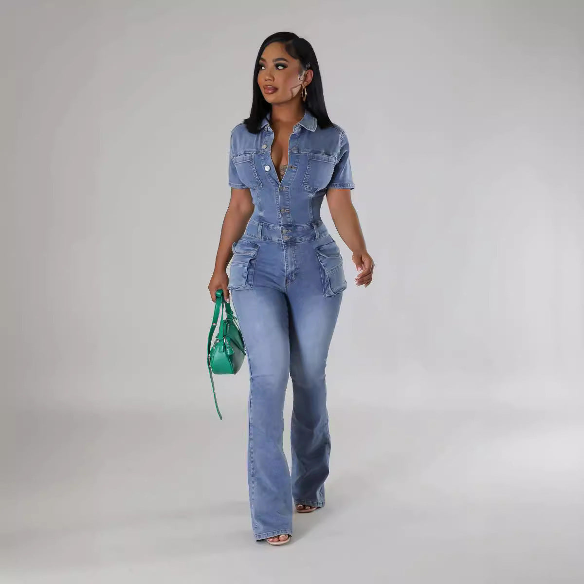 Denim Short-sleeved Jumpsuit