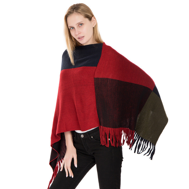 Large Plaid Color Matching Knitted Warm Shawl