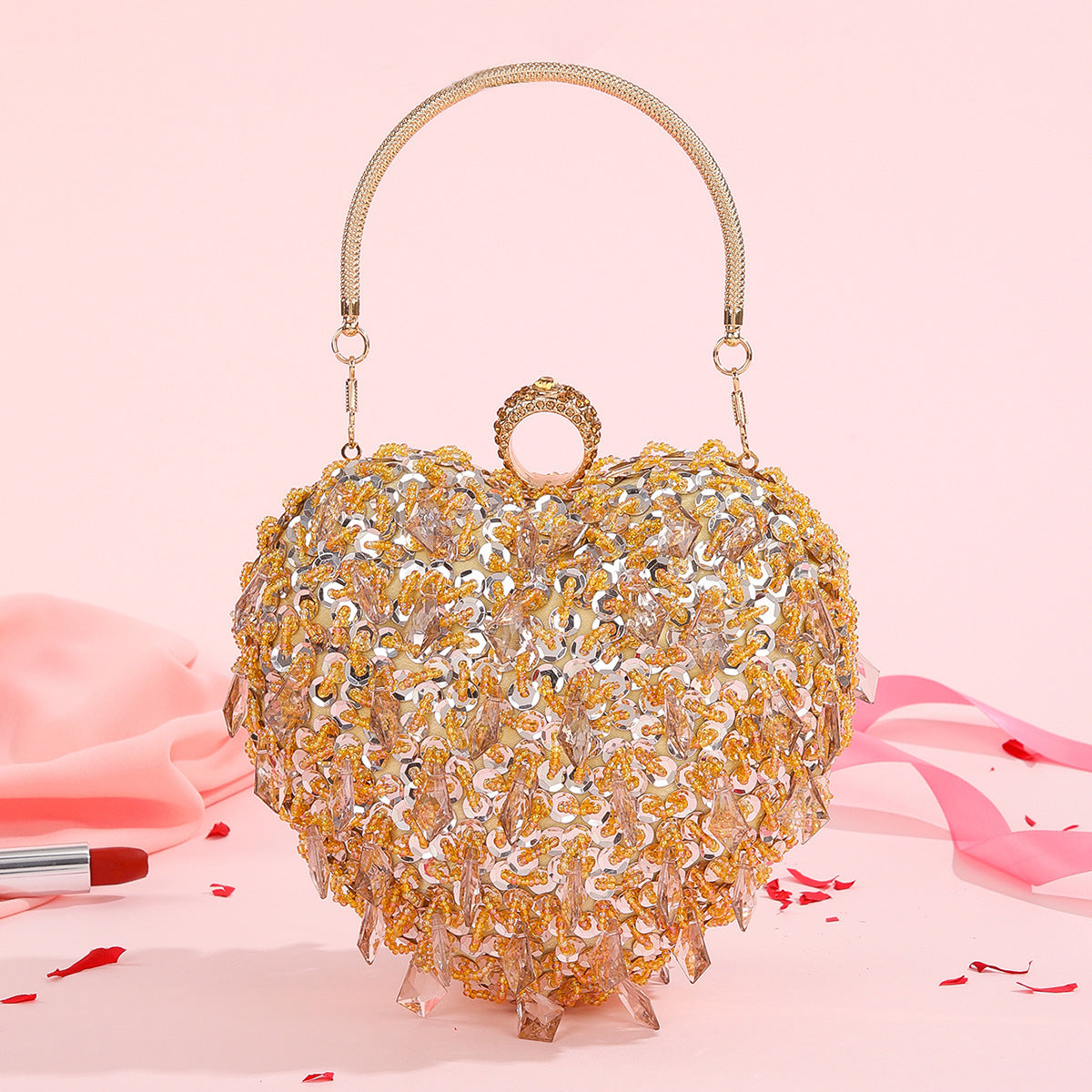 Embroidered Beaded Heart-shaped Handbag