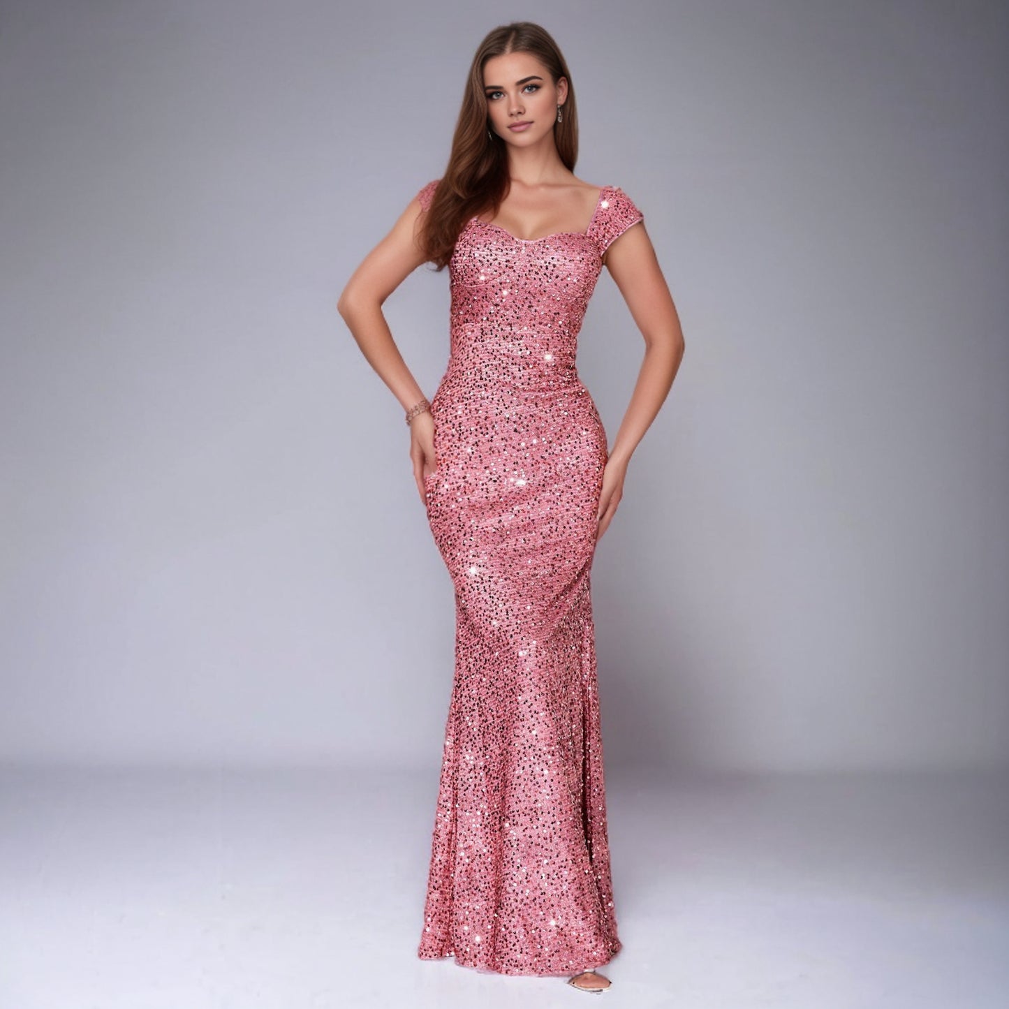 V-neck Sequin Sling High Waist Evening Dress