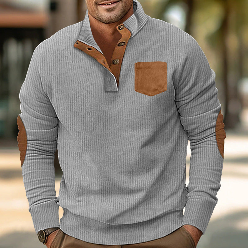 Patch Pocket Stand Collar Long Sleeve Corduroy Multicolor