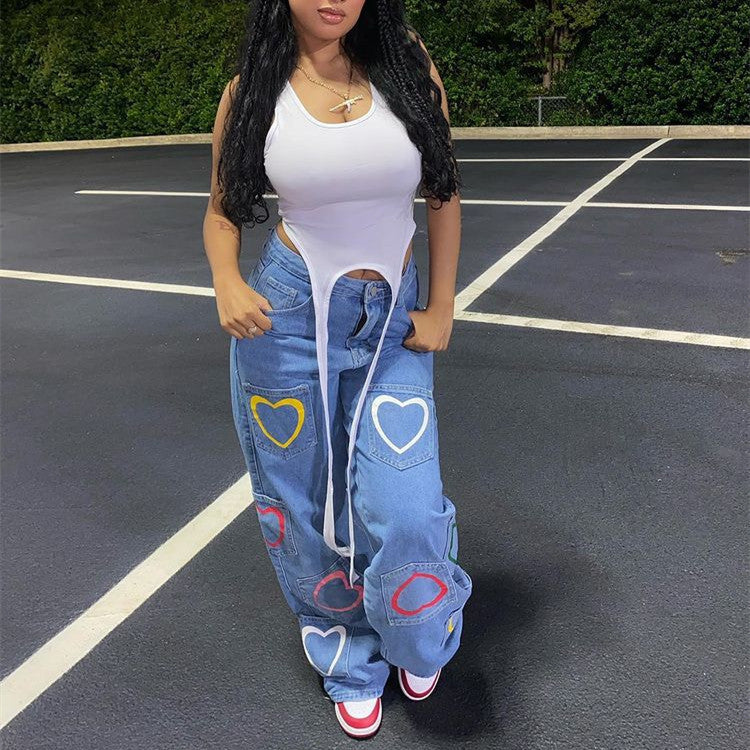 Multi-pocket Colorful Heart Jeans