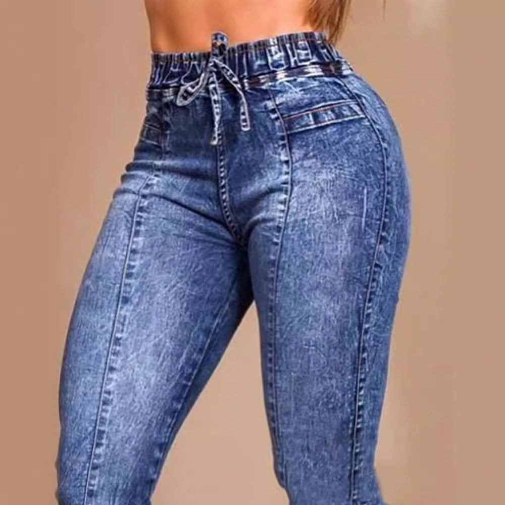 Elastic Waist Lace Up Slim Fit Jeans